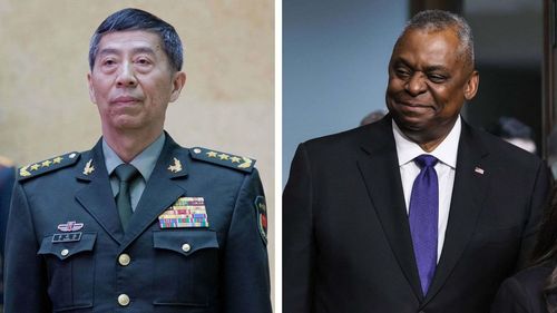 Bộ trưởng Quốc phòng Trung Quốc Lý Thượng Phúc và người đồng cấp Mỹ Lloyd Austin. (Nguồn: Itar-Tass/UPI Photo/Imago)