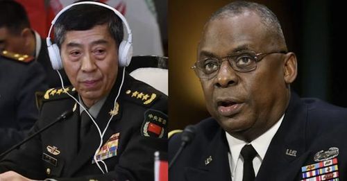 Bộ trưởng Quốc phòng Trung Quốc Lý Thượng Phúc (trái) và người đồng cấp Mỹ Lloyd Austin. (Ảnh: AFP)