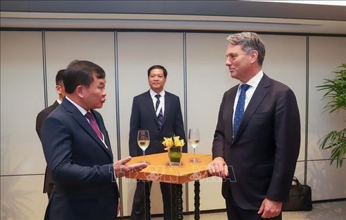 Thượng tướng Hoàng Xuân Chiến, Thứ trưởng Quốc phòng gặp Phó Thủ tướng, Bộ trưởng Quốc phòng Australia Richard Donald Marles tối 2/6. Ảnh: Lê Dương/Pv TTXVN tại Singapore