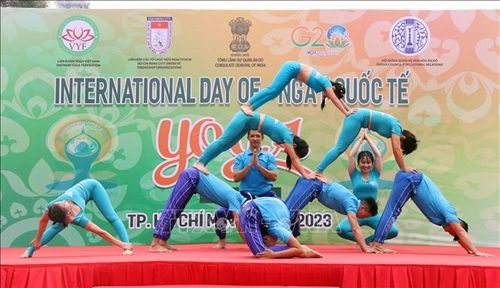 Người tập Yoga tham gia đồng diễn tại Ngày Quốc tế Yoga lần thứ 9 tại Thành phố Hồ Chí Minh.