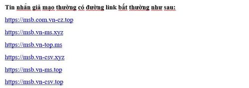 Ngân hàng MSB tổng hợp các link giả mạo ngân hàng.