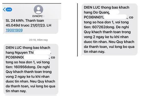 Tin nhắn giả mạo Tổng công ty Điện lực miền Trung (EVNCPC) đề nghị khách hàng thanh toán tiền điện.