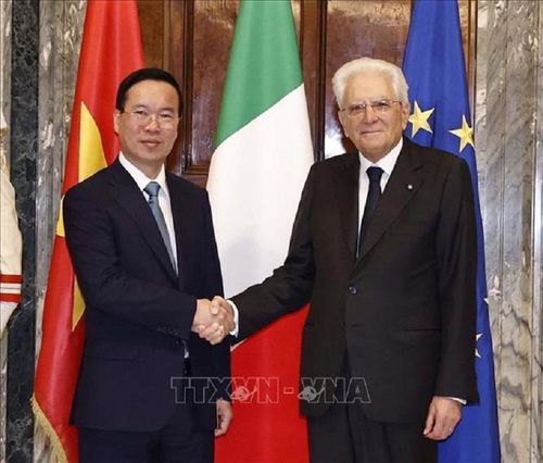 Chủ tịch nước Võ Văn Thưởng và Tổng thống Sergio Mattarella bày tỏ vui mừng về những phát triển tích cực trong quan hệ hai nước thời gian qua. Ảnh: TTXVN.