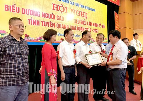 Lãnh đạo Hội Người cao tuổi Việt Nam trao giấy chứng nhận đạt danh hiệu "Người cao tuổi làm kinh tế giỏi" cấp toàn quốc cho các cá nhân.