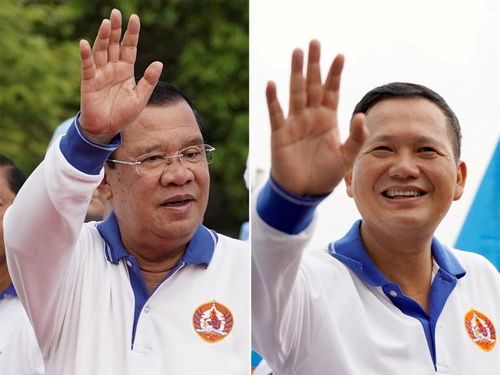 Thủ tướng Campuchia Hun Sen và con trai là Đại tướng Hun Manet. Ảnh: Reuters