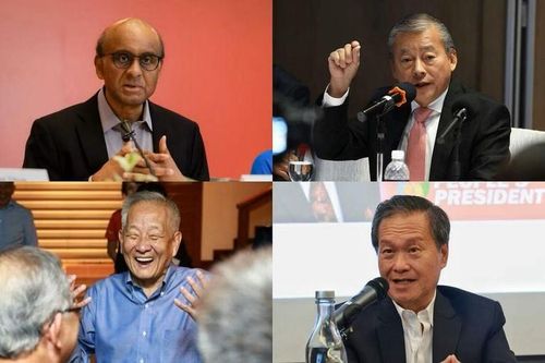 Theo chiều kim đồng hồ từ trên cùng bên trái: Các ứng cử viên tổng thống Singapore gồm cựu bộ trưởng cấp cao Tharman Shanmugaratnam, doanh nhân George Goh, cựu Giám đốc điều hành NTUC Income Tan Kin Lian và cựu Giám đốc đầu tư GIC Ng Kok Song. Ảnh: Business Times