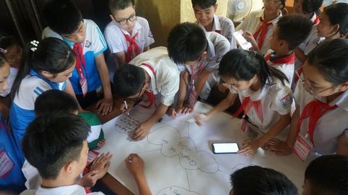 Các em thiếu nhi làm việc nhóm, thảo luận về các quyền của trẻ em.