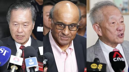 Các ứng cử viên Tổng thống Singapore (từ trái sang) ông Tan Kin Lian, ông Tharman Shanmugaratnam và ông Ng Kok Song. Ảnh: Nikkei Asia