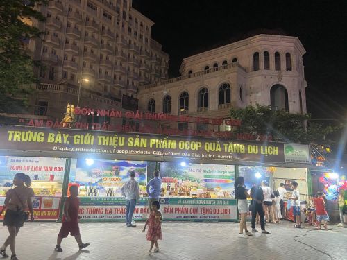 Các gian hàng trưng bày các sản phẩm sản vật địa phương cũng được bố trí ngay khu vực trung tâm Tam Đảo. Ảnh: Quang Minh.