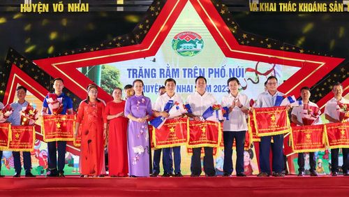 Lãnh đạo huyện Võ Nhai trao giải sáng tạo đèn Trung thu cho các đơn vị đạt giải cao.