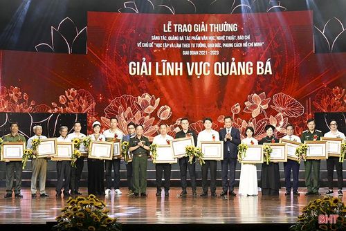 Nghệ nhân Nhân dân Nguyễn Ban (thứ 3 từ trái sang) được trao giải cá nhân xuất sắc tại lễ trao giải thưởng sáng tác, quảng bá tác phẩm văn học, nghệ thuật, báo chí về chủ đề “Học tập và làm theo tư tưởng, đạo đức, phong cách Hồ Chí Minh” giai đoạn 2021 - 2023.