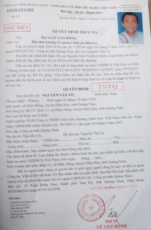 Quyết định truy nã đối tượng Nguyễn Văn Tô.