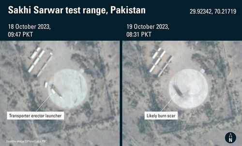 Hình ảnh vệ tinh từ địa điểm phóng thử tên lửa đạn đạo tầm trung Ababeel của Pakistan.