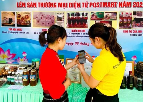  Cán bộ bưu chính hướng dẫn người dân cách đưa sản phẩm OCOP lên các gian hàng thương mại điện tử. Ảnh tư liệu: Thanh Phúc 