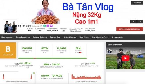 Thống kê về kênh Youtube Bà Tân Vlog