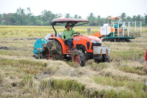  Máy cuộn rơm giúp nông dân huyện Vị Thủy, tỉnh Hậu Giang giảm phát thải, tận dụng làm nấm rơm 