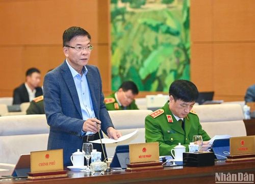 Bộ trưởng Tư pháp Lê Thành Long trình bày tờ trình của Chính phủ tại phiên họp. (Ảnh: DUY LINH)