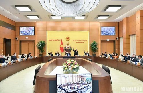 Ủy ban Thường vụ Quốc hội biểu quyết thông qua đề nghị bổ sung một số dự án luật vào Chương trình xây dựng luật, pháp lệnh năm 2024, với tỷ lệ tán thành 100%. (Ảnh: DUY LINH)