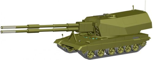 Theo Defense Express, quá trình phát triển phiên bản đầu tiên của Koalitsiya-SV bắt đầu vào đầu những năm 2000. Trước đây, hệ thống pháo này được hình dung là loại pháo hai nòng với bộ nạp đạn tự động, một giải pháp thực sự độc đáo có thể nâng tốc độ bắn, theo lý thuyết, lên đến 16 viên mỗi phút. Ảnh: DE.