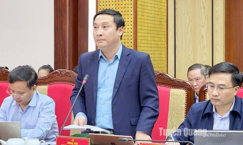 Đồng chí Giám đốc Sở Công thương Hoàng Anh Cương phát biểu thảo luận tại hội nghị.