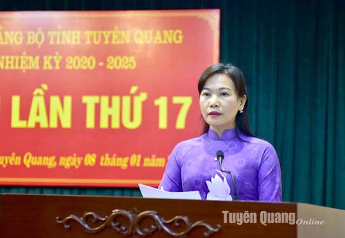 Đồng chí Trưởng Ban Tuyên giáo Tỉnh ủy Nông Thị Bích Huệ trình bày dự thảo Chương trình hành động tại hội nghị.