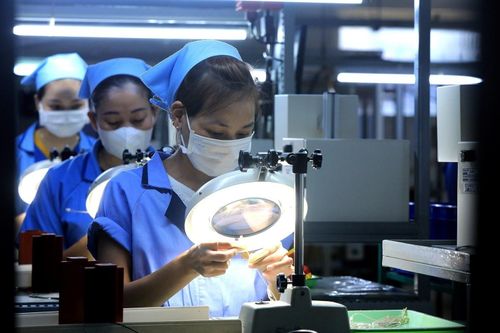 Sản xuất linh kiện đo lường nhiệt độ tại Công ty TNHH Sankoh Việt Nam - doanh nghiệp 100% vốn đầu tư Nhật Bản tại Khu công nghiệp Bờ Trái Sông Đà, tỉnh Hòa Bình_Ảnh: TTXVN