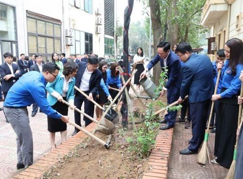 Lãnh đạo và đoàn viên thanh niên 3 cơ quan tham gia trồng cây xanh tại khuôn viên giữa ba cơ quan. 