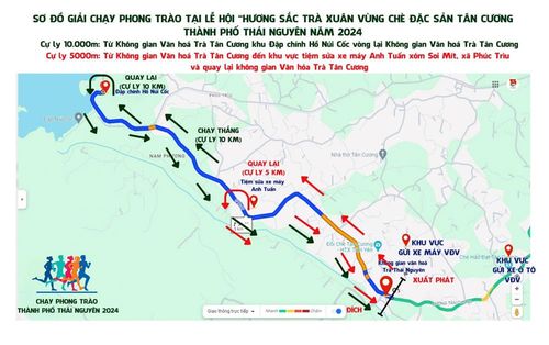 Sơ đồ Giải chạy phong trào tại Lễ hội "Hương sắc trà Xuân - Vùng chè đặc sản Tân Cương" TP. Thái Nguyên năm 2024.