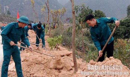 Lực lượng dân quân tự vệ huyện Chi Lăng trồng cây tại xã Chi Lăng, huyện Chi Lăng
