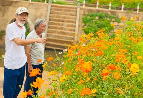 Ông Nguyễn Văn Quý (bên trái, phường Hội Thương, TP. Pleiku) phấn khởi khi thấy bộ mặt bờ kè suối Hội Phú thay đổi tích cực. Ảnh: Mai Ka