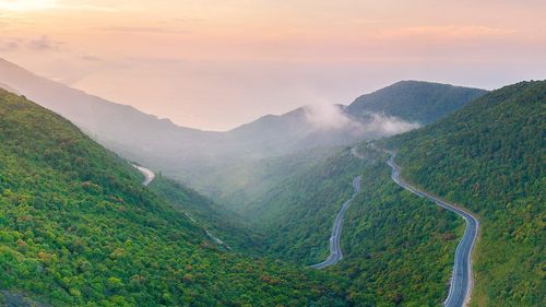 Toàn cảnh đèo Hải Vân dưới sự phủ mờ của mây trắng, những cung đường ngoạn mục, đồi núi trải đầy thảm xanh.