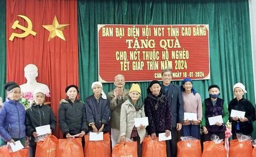 Ban đại diện Hội Người cao tuổi tỉnh tặng quà người cao tuổi thuộc hộ nghèo dịp Tết Nguyên đán 2024 tại xã Canh Tân (Thạch An).
