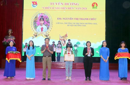 Đại diện Tỉnh đoàn trao Bằng khen, tuyên dương đội viên, thiếu nhi là “Chiến sĩ nhỏ Điện Biên”.