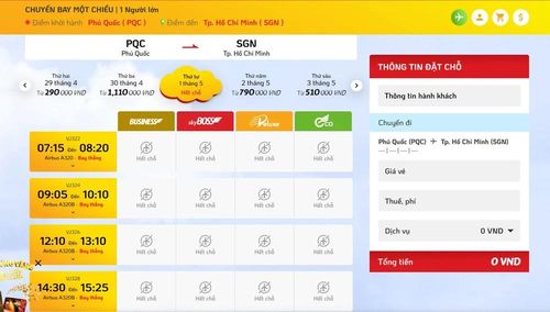  Chặng Phú Quốc - TP.HCM ngày 1-5 hết vé. Ảnh chụp màn hình ngày 24-4. 