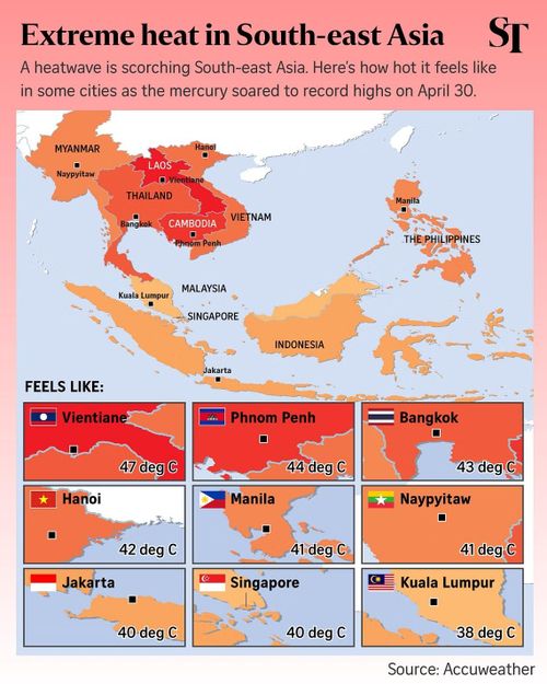  "Nắng nóng cực độ ở Đông Nam Á: Sóng nhiệt đang thiêu đốt Đông Nam Á. Dưới đây là mức nhiệt con người cảm nhận được tại một số thành phố có nhiệt độ cao trong ngày 30/4" - Ghi chú trong ảnh. Ảnh: Accuweather. 