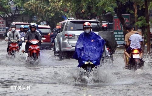  Nước ngập khá sâu trên đường Nguyễn Văn Khối, quận Gò Vấp. (Ảnh: Hồng Giang/TTXVN) 