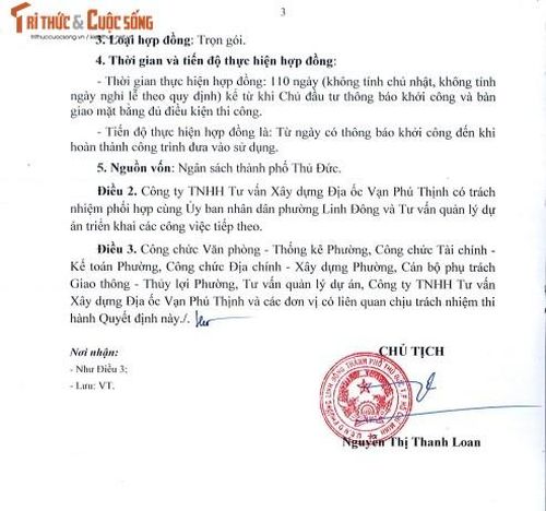 Ngày 13/7/2023, UBND phường Linh Đông đã phê duyệt Quyết định số 263/QĐ-UBND Công ty TNHH Tư vấn xây dựng địa ốc Vạn Phú Thịnh trúng thầu với giá 1.243.776.255 đồng, thực hiện trong 110 ngày.