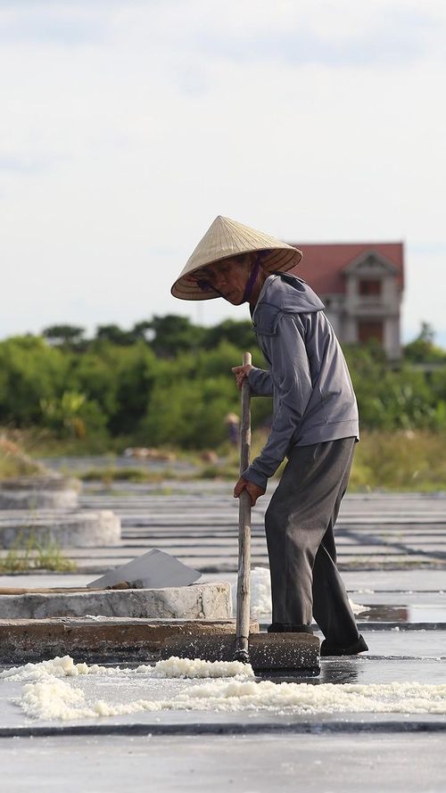 Dưới cái nắng đỉnh điểm, cánh đồng muối bốc hơi nghi ngút. Mặc cho hơi mặn của muối và cái nóng như rang chảo phả vào mặt mỗi ngày, tôi vẫn cố gắng làm xong việc để trở về nhà. Ở tuổi 74, tôi không còn nhanh nhẹn, linh hoạt như thời trẻ nên công việc có phần bị chậm hơn.