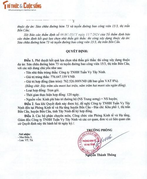 Duy nhất Công ty TNHH Tuấn Vy Tây Ninh tham gia và trúng thầu. Nguồn: MSC 