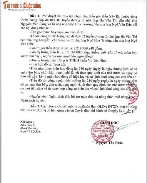 Ngày 23/3/2023, Ban Quản lý dự án đầu tư xây dựng huyện Bến Cầu đã phê duyệt cho Công ty TNHH Tuấn Vy Tây Ninh trúng gói thầu xây lắp thuộc DA nâng cấp đá 0x4 02, tuyến đường từ nhà ông Hà Văn Thi đến nhà ông Nguyễn Văn Sang và từ nhà ông Ngô Hoa Trưởng đến nhà ông Ngô Văn Đấu với giá 2.175.164.000 đồng, thực hiện trong 240 ngày. Nguồn: MSC