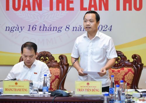 Thứ trưởng Bộ Tư pháp Trần Tiến Dũng trình bày Tờ trình đề nghị bổ sung dự án các dự án Luật vào Chương trình xây dựng luật, pháp lệnh năm 2024 và năm 2025