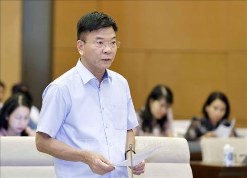 Phó Thủ tướng Chính phủ, Bộ trưởng Bộ Tư pháp Lê Thành Long trình bày tóm tắt tờ trình. Ảnh: Doãn Tấn/TTXVN
