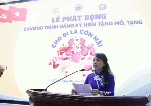 Phó Giáo sư, Tiến sĩ Nguyễn Thị Kim Tiến - Chủ tịch Hội vận động hiến mô, bộ phận cơ thể người Việt Nam phát biểu tại buổi lễ.