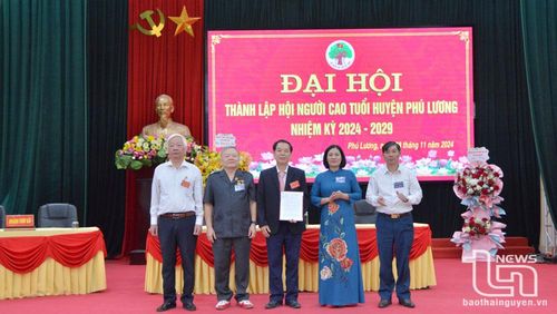 Lãnh đạo UBND huyện Phú Lương trao quyết định của UBND tỉnh thành lập Hội Người cao tuổi huyện.
