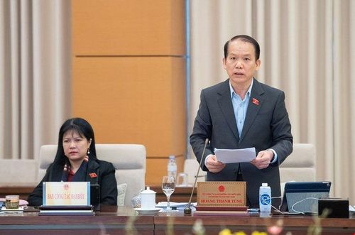 Chủ nhiệm Ủy ban Pháp luật Hoàng Thanh Tùng trình bày Báo cáo thẩm tra tại Phiên họp. Ảnh: VPQH
