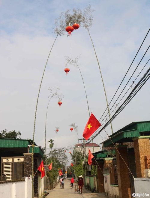 Những cây nêu vươn cao, cong vút được dựng khắp quốc lộ, tỉnh lộ, đường làng, ngõ xóm... làm cho không khí, cảnh quan đón Tết Nguyên đán ở các địa phương thêm phần rộn ràng, đẹp tươi. Ảnh: Huy Thư