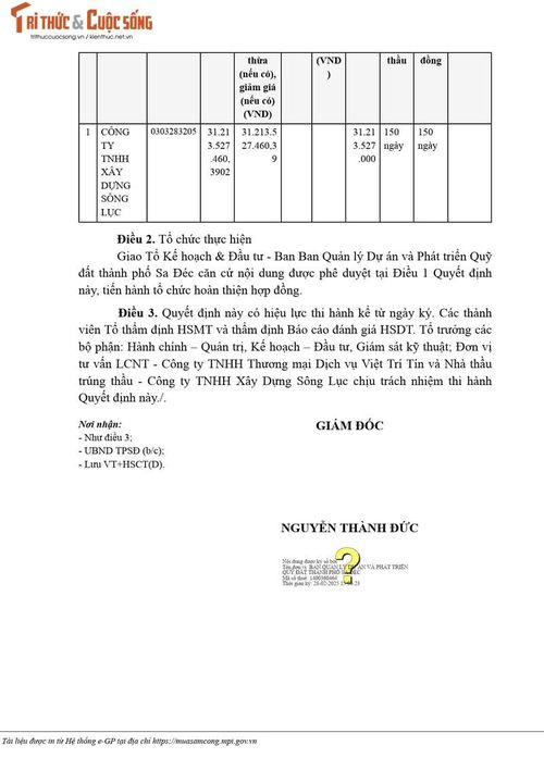 Một phần quyết định số KQ2500028154_2502281001 do ông Nguyễn Thành Đức, Giám đốc Ban Quản lý Dự án và Phát triển Quỹ đất TP Sa Đéc ký phê duyệt. Nguồn: MSC