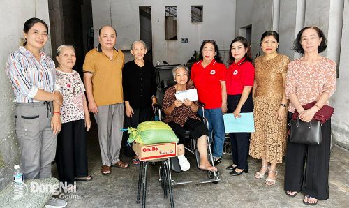 Trao xe lăn và quà cho bà Nguyễn Thị Nắng. Ảnh: H.Mỹ