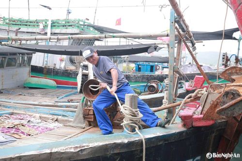 Ngư dân bắt tay chằng néo, buộc dây, gia cố các con tàu trước khi mưa bão ập đến. Ảnh: T.P