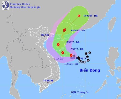 Bản đồ dự báo quỹ đạo bão số 1 chiều 11-6-2025 (Nguồn: Trung tâm dự báo khí tượng thủy văn quốc gia).